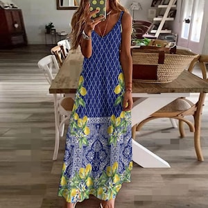 Sicilian Lemon Tile Maxi Dress | Mediterranean Sling Ankle Dress | Summer Boho Sundress | Lightweight Slimming Vacation Style