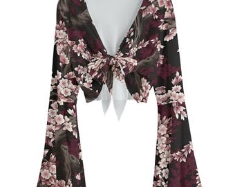 Gothic Floral Mesh Tie Front Top, Whimsigoth Cherry Blossom Bell Sleeve Crop