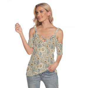 Boho Y2K Sun and Moon Cold Shoulder Top | Criss Cross V-Neck Celestial T-Shirt | Witchy 2000s Style Tee | Women’s Cosmic Graphic Shirt
