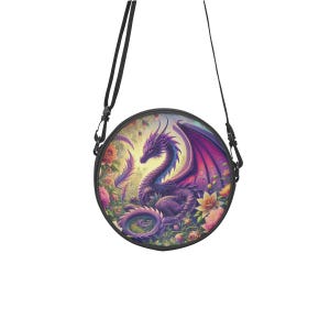 Purple Dragon Round Satchel Bag | Gothic Canvas Shoulder Bag | Witchcore Crossbody | Fantasy Dragon Purse | Arc Shape Large Capacity