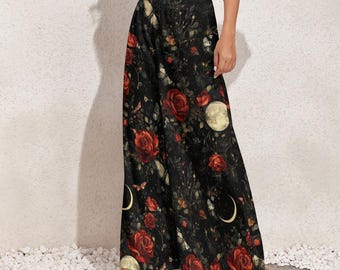 Blommiga månbyxor med vida ben: Boho Cottagecore-byxor för kvinnor