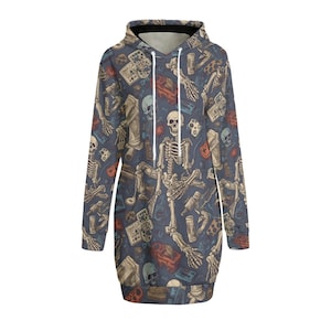 Felpa con cappuccio lunga da donna con stampa Skull Gamer - Felpa elasticizzata a tunica con tasca a marsupio