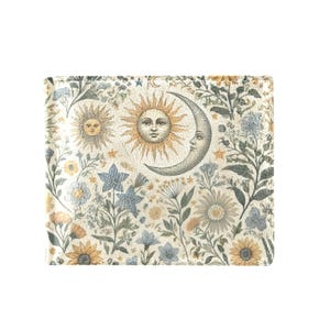 Boho Sun Moon Flowers Bifold Wallet | PU Leather Coin Pocket Wallet | Bohemian Celestial Card Holder | Astrology Gift for Her