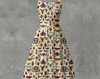 Insect Print Dress: Ruffle Hem, Sleeveless Cottagecore Style