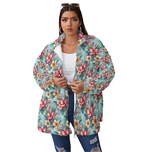 Tropisk blommig Borg-fleecejacka, unisex vinterkappa, överdimensionerade flanellytterkläder