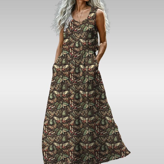 Insect Print Maxi Dress: Boho Cottagecore Sleeveless Summer Dress