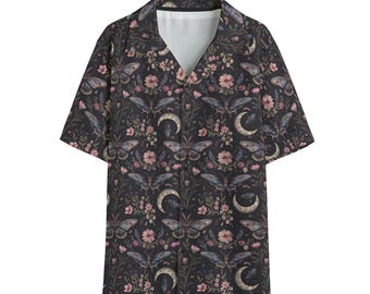 Mottenmaan Hawaïhemd, Gotisch bloemenpatroon overhemd met knoopjes, Hemels herenhemd, Heksenachtig zomerhemd, Donker cottagecore shirt, Cadeau voor mottenliefhebbers