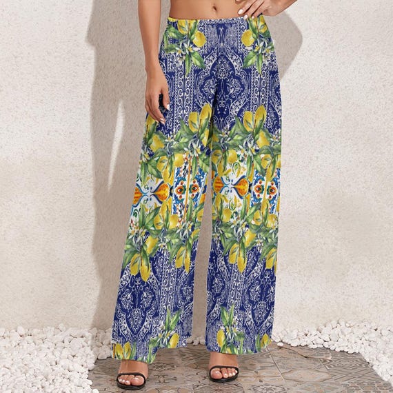 Sicilian Lemon Tile Palazzo Pants: High Waist Boho Summer Trousers