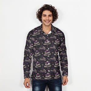 Gothic Library Print Button-Up Shirt: Dark Academia Witchcore