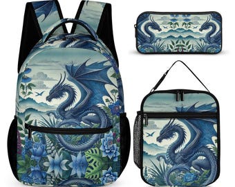 Blue Dragon Kids School Bag Set: Backpack, Lunch Bag & Pencil Case