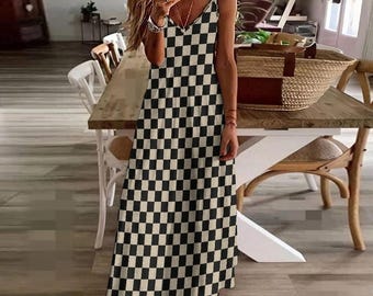Grunge Checkerboard Sling Dress: Y2K Gothic Bodycon Maxi