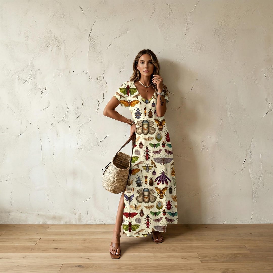 Bug Print Maxi Dress: Round Neck Relaxed Fit Naturecore Dress - Etsy Bug Print Maxi Dress: Round Neck Relaxed Fit Naturecore Dress - Etsy
