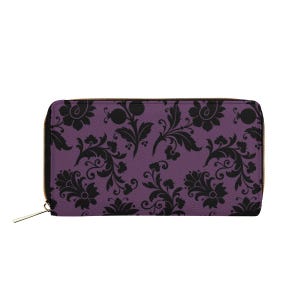 Lila Gothic Damast Vegan Leder Geldbörse | Elegante Gothic Reißverschluss Geldbörse | Stilvolle, tragbare Geldbörse mit Metall-Reißverschluss | Geldbörse aus PU-Leder