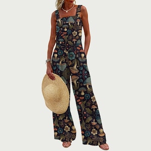 Mono estilo cottagecore con diseño de setas del bosque / Mono ancho para mujer / Mono bohemio de verano con estampado de hadas / Tirantes y bolsillos ajustables / Aspecto de lino
