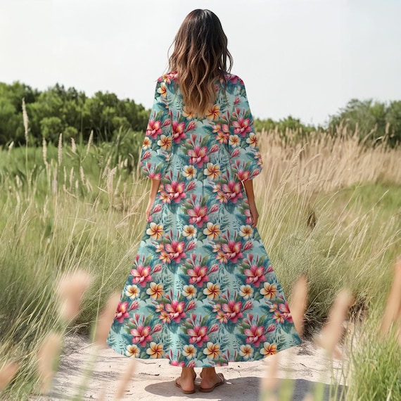 Blue Hawaii Print Dress, Long Sleeve A-Line Polyester Tropical Dress Blue Hawaii Print Dress, Long Sleeve A-Line Polyester Tropical Dress