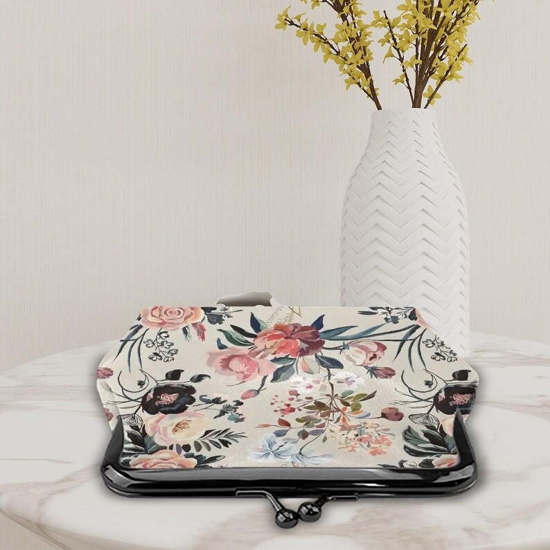 Vintage Floral Kiss Lock Coin Purse – Cottagecore Microfiber Leather Wallet image 2