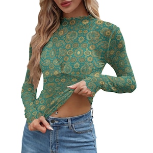 Witchy Mesh Sheer Layering Top for Women, Gothic Paisley Long Sleeve Top, Celestial Fairy Grunge Shirt, Alternative Fashion