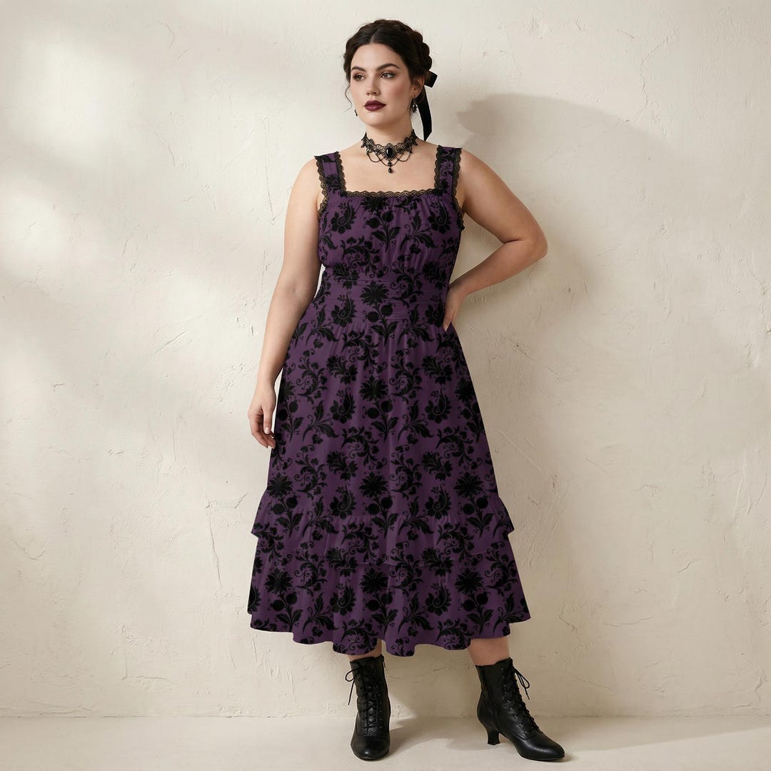 purple emo dress Purple Gothic Damask Dress, Ruffle Hem Witchcore Style
