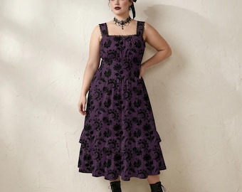 Purple Gothic Damask Dress, Ruffle Hem Witchcore Style