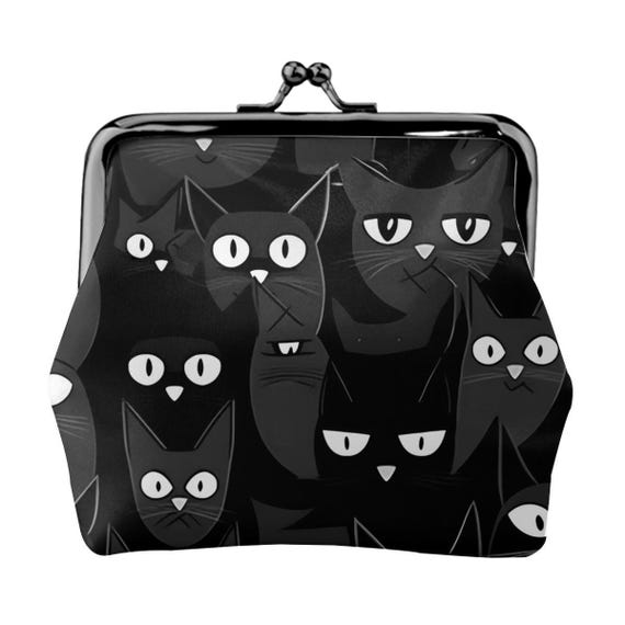 Black Cat Leather Kiss Lock Coin Purse: Gothic Style Mini Wallet