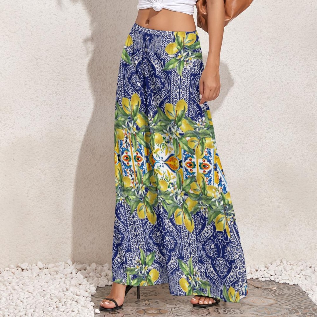 Sicilian Lemon Tile Palazzo Pants: High Waist Boho Summer Trousers