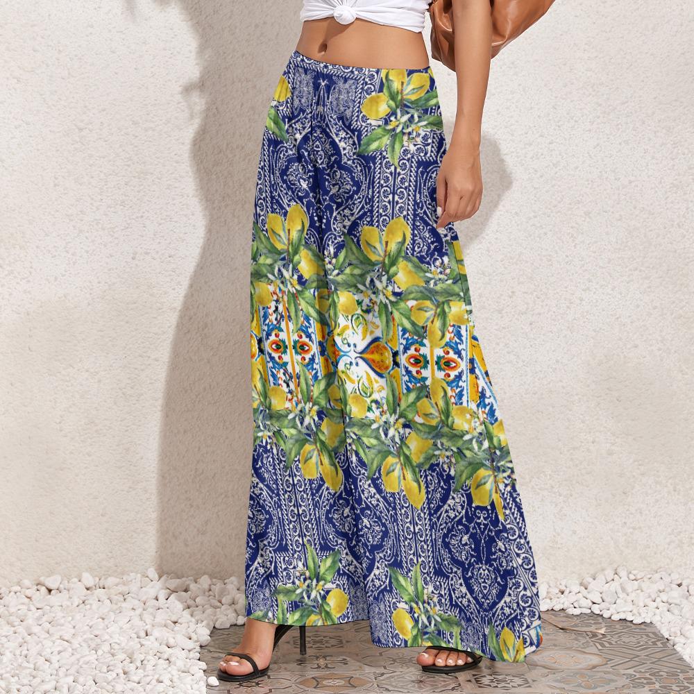 Sicilian Lemon Tile Palazzo Pants: High Waist Boho Summer Trousers