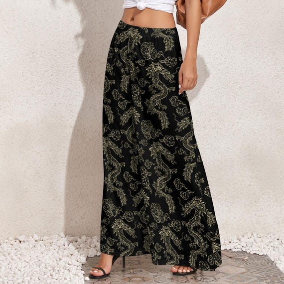 Black Japanese Dragon Wide Leg Pants | High Waist Flowing Summer