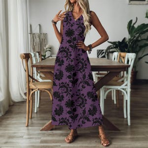 Purple Gothic Maxi Dress | Witchy V-Neck Long Dress | Dark Floral Cottagecore Dress | Gothic Fairycore A-Line Gown | Boho Occult Fashion