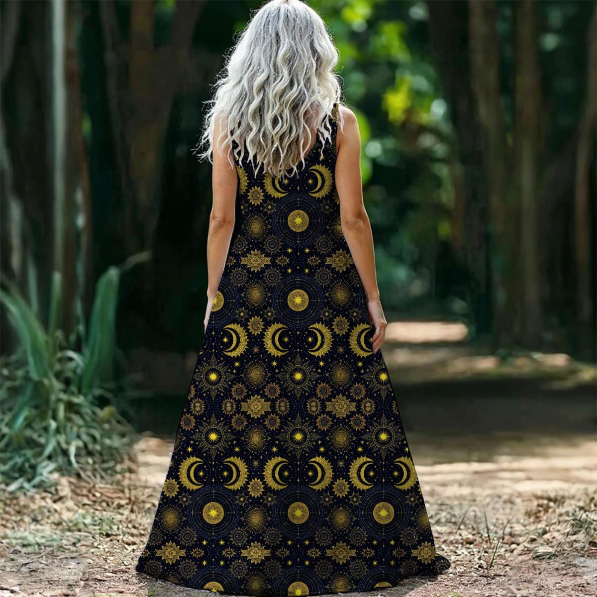 Celestial Maxi Dress, Black and Gold Moon Star Print, Bohemian Gown Celestial Maxi Dress, Black and Gold Moon Star Print, Bohemian Gown