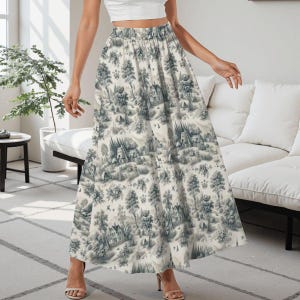 Navy Toile Print Midi Skirt with Pockets, Vintage French Cottagecore High Waist Pleated Skirt