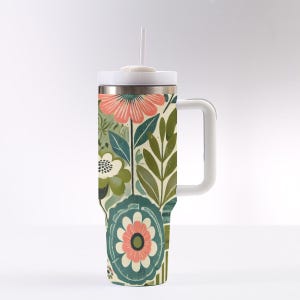 Tumbler floreale da 40 once con manico e cannuccia / Tazza da viaggio in acciaio inossidabile / Tazza isolata con coperchio / Regalo vintage per bevande botaniche