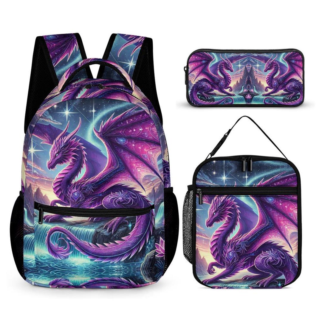 Neon Purple Dragon Backpack Set: 3-piece School Bag, Lunch Bag