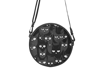 Black Cat Round Canvas Satchel | Kawaii Witchcore Crossbody Bag