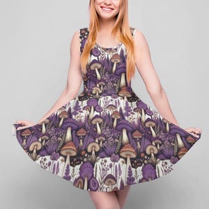 Purple Mushroom Skater Dress: Cottagecore Fairycore A-Line