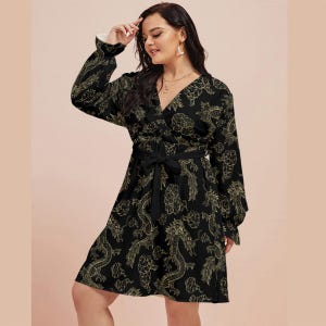 Plus Size Japanese Dragon Dress: V-Neck Long Sleeve Waist Tie