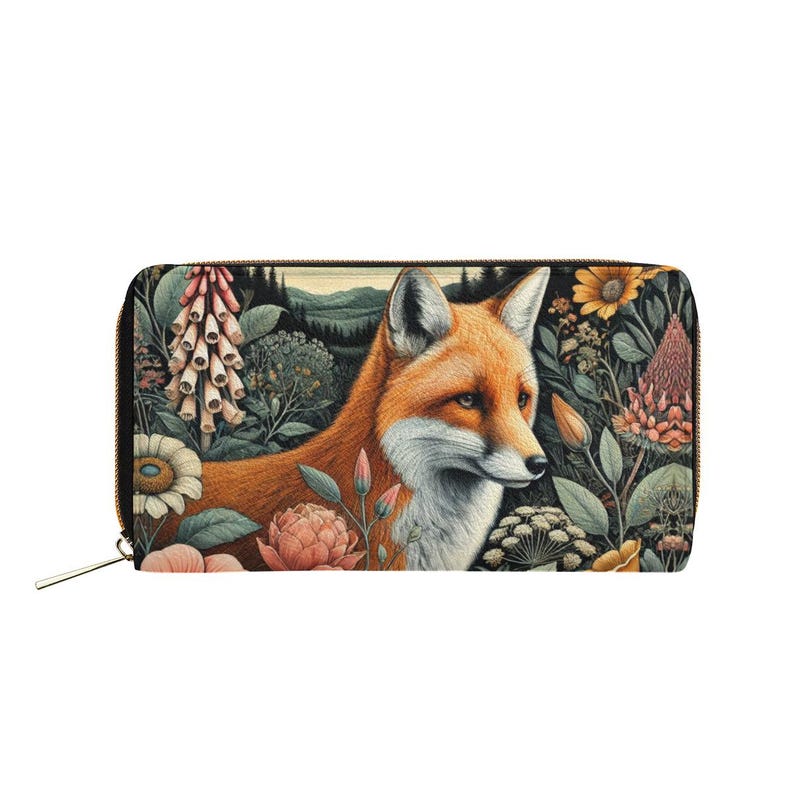 Fuchs und Botanische PU-Leder Geldbörse, Cottagecore Floral Zip Geldbörse Bild 2