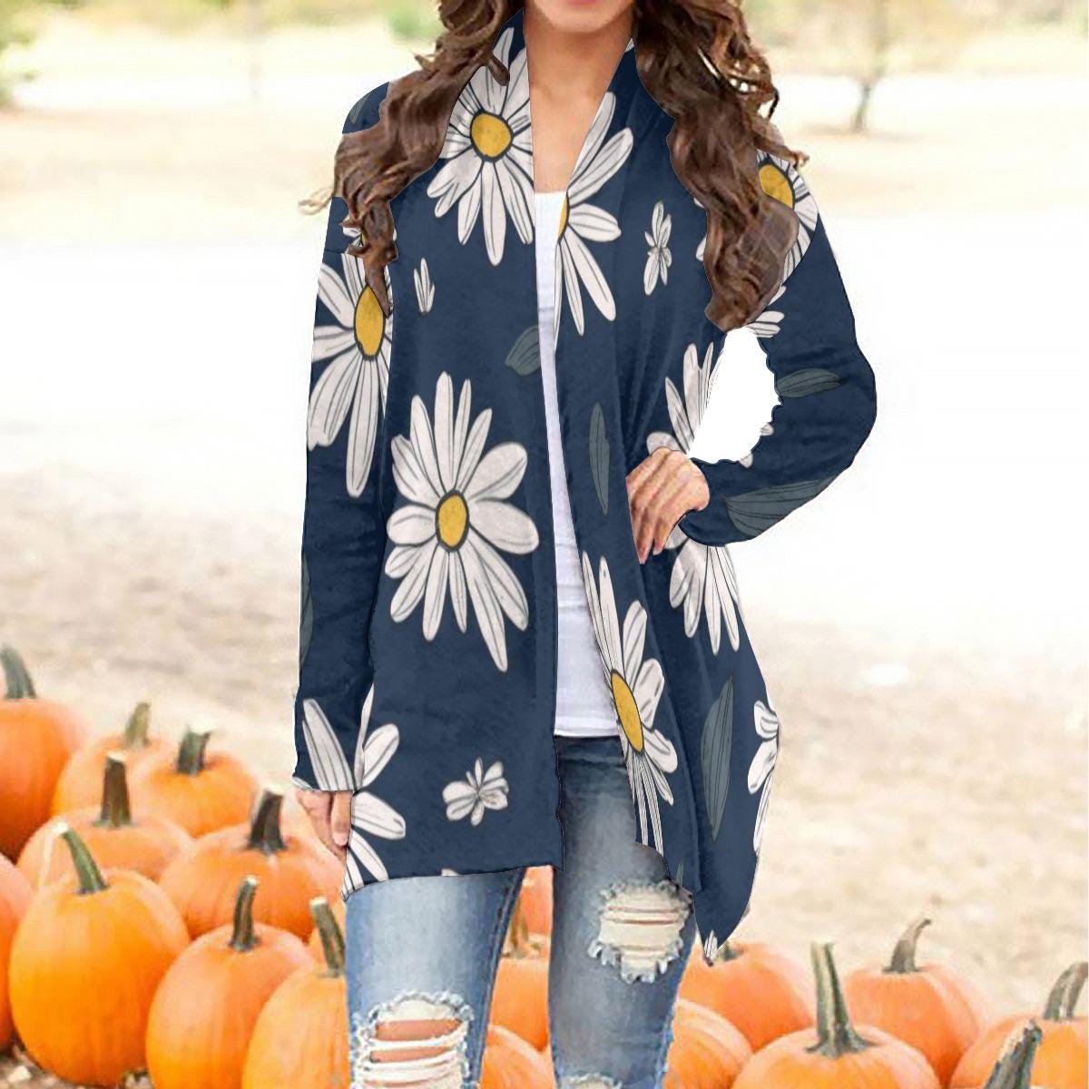 Daisy Print Women's Cardigan – Long Sleeve Open Front Lightweight