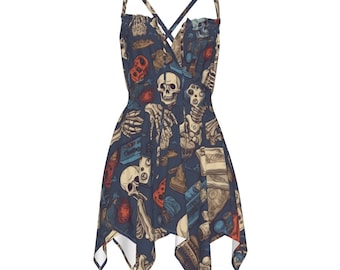 May include: A blue sleeveless dress with a criss-cross strap design. The dress has a skull and skeleton print with other graphic elements.