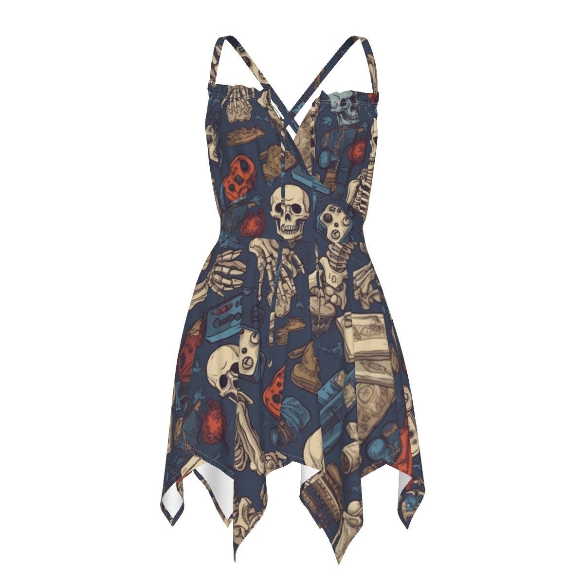 Totenkopf Gamer Goth Slip Dress - Damen Skeleton Skater Dress