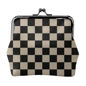 Checkered Kiss Lock Coin Purse, Retro Plaid Microfiber Leather Wallet image 1