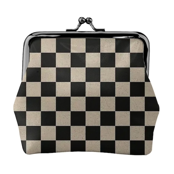 Checkered Kiss Lock Coin Purse, Retro Plaid Microfiber Leather Wallet