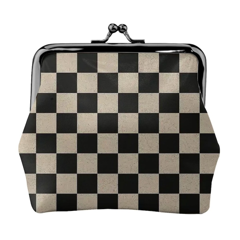 Checkered Kiss Lock Coin Purse, Retro Plaid Microfiber Leather Wallet image 1