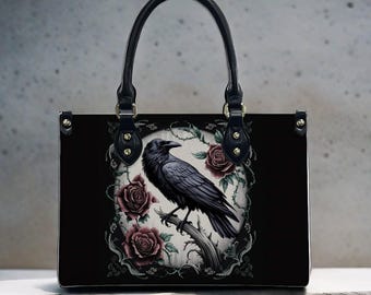 Gothic Raven PU Leather Tote Bag | Dark Academia Rose Purse