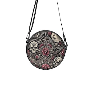 Gothic Skull Rose Canvas Satchel: Moon Crow Crossbody Bag