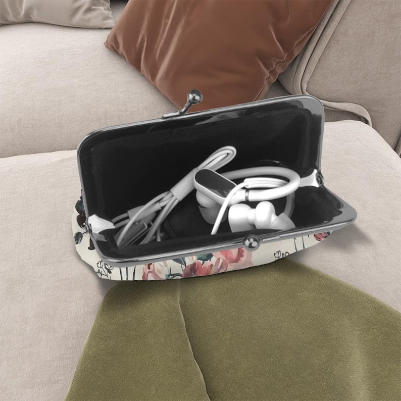 Vintage Floral Kiss Lock Coin Purse – Cottagecore Microfiber Leather Wallet image 3