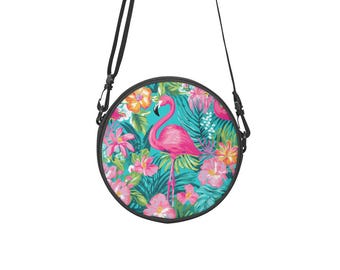 Flamingo Fiesta Canvas Satchel Bag: Tropical Arc Shape Purse