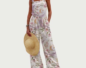 Mono de mujer de pierna ancha, mono ligero con tacto de lino, peto veraniego estilo boho con bolsillos, conjunto para vacaciones en la playa, estampado floral celestial.