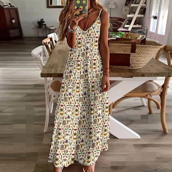 Bug Print Maxi Dress: Cottagecore Witchcore Boho Style Bug Print Maxi Dress: Cottagecore Witchcore Boho Style