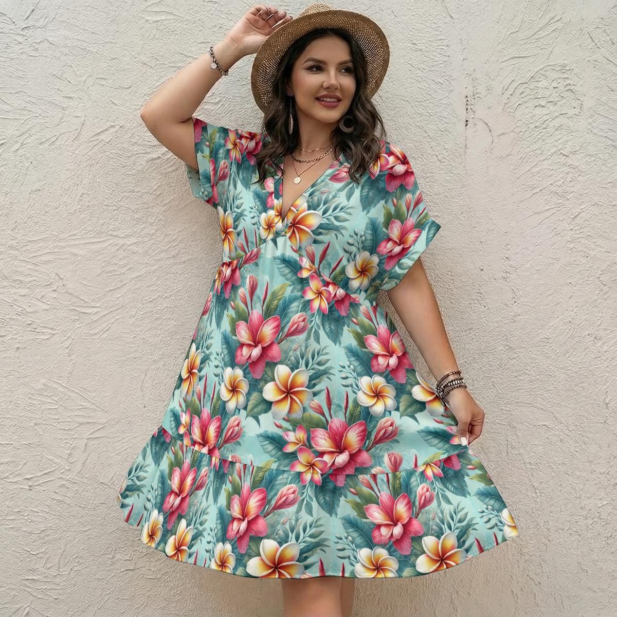 Tropical Floral V-neck Dress: Blue Hawaii Summer A-line, Plus Size