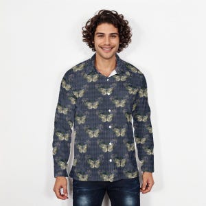 Blue Harlequin Moth Shirt: Cottagecore Button-Up, Lightweight Long Sleeve